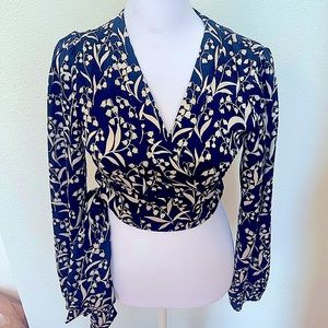 Stunning Satin Long Sleeve Wrap Blouse With Blue Floral Pattern